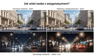 Symulacja widzenia dziennego i nocnego z astygmatyzmem. Objawy to rozmyte światła i niewyraźne kształty, szczególnie w nocy.