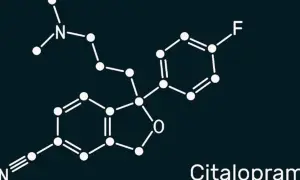 Struktura chemiczna citalopramu, substancji czynnej leku Lexapro, na ciemnym tle.
