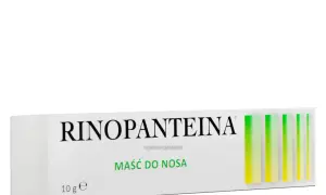 Opakowanie maści do nosa Rinopanteina, 10 g. Pomaga przy suchości i podrażnieniach nosa.
