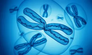 Chromosomy w niebieskich bańkach, jeden z nich jest powiększony. Obraz symbolizuje zespół Turnera.