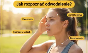 Kobieta z objawami odwodnienia: zmęczenie, suchość w ustach, zawroty głowy, dezorientacja.