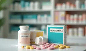 Leki przeciwlękowe: butelki z "Mirrozarpine" i pudełko "esketamine" na tle aptecznych półek.