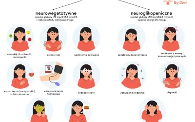 Ilustracja przedstawia objawy hipoglikemii reaktywnej: niepokój, drżenie rąk, poty, splątanie, trudności z mową, kołatanie serca, bladość, nudności, głód, zaburzenia widzenia, drgawki i utratę przytomności.