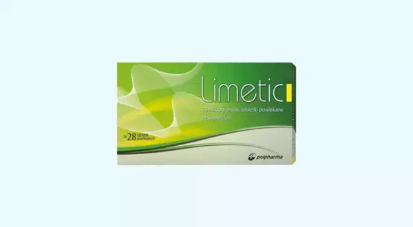 Opakowanie leku Limetic, zawierające 28 tabletek powlekanych z desogestrelem.