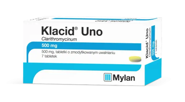 Opakowanie leku Klacid Uno 500 mg, zawierające 7 tabletek o zmodyfikowanym uwalnianiu.