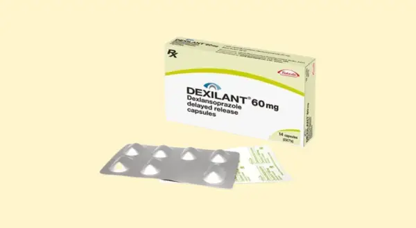 Opakowanie Dexilant 60mg, leku na zgagę i refluks. Zawiera 14 kapsułek.