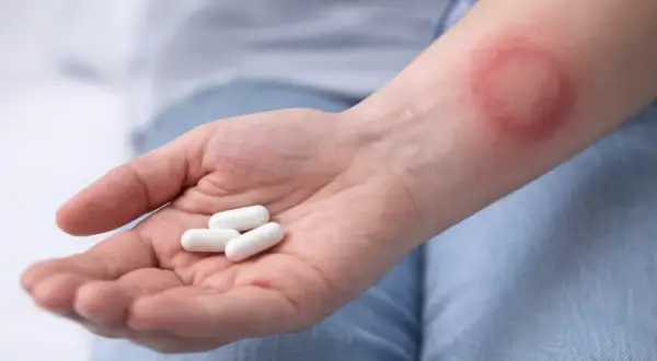 Dłoń z kilkoma białymi kapsułkami, obok zaczerwieniona wysypka na przedramieniu, być może reakcja na biotrakson.