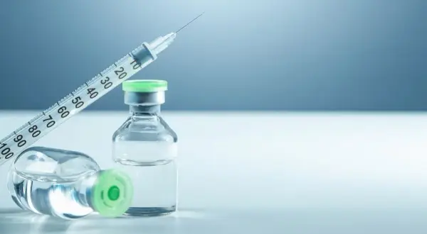Strzykawka i dwie fiolki z zielonymi nakrętkami, gotowe do podania. Może to być biofazolin, który pomoże w regeneracji.