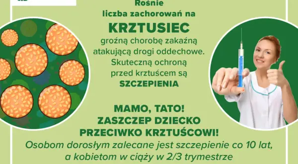 Rośnie liczba zachorowań na krztusiec. Skuteczną ochroną są szczepienia. Zaszczep dziecko przeciwko krztuścowi! Kraków.