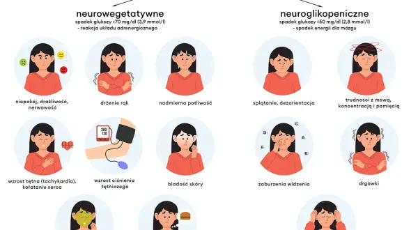 Objawy hipoglikemii: niepokój, drżenie rąk, poty, nudności, głód, splątanie, trudności z mową, zaburzenia widzenia, drgawki, utrata przytomności. Spadek cukru objawy.