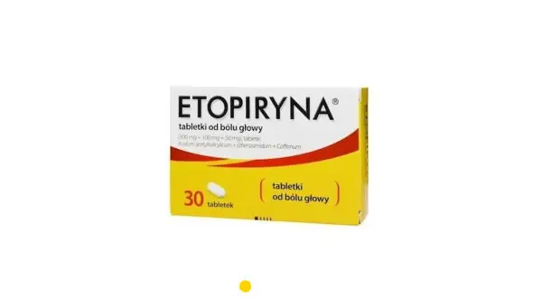 Opakowanie leku Etopiryna, tabletki od bólu głowy, zawiera 30 tabletek.