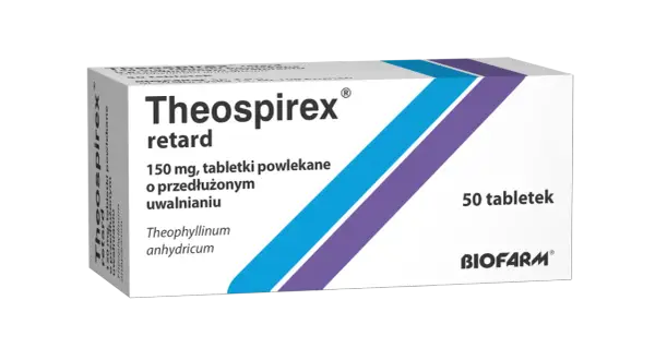 Opakowanie leku Theospirex retard, 150 mg, 50 tabletek powlekanych o przedłużonym uwalnianiu.