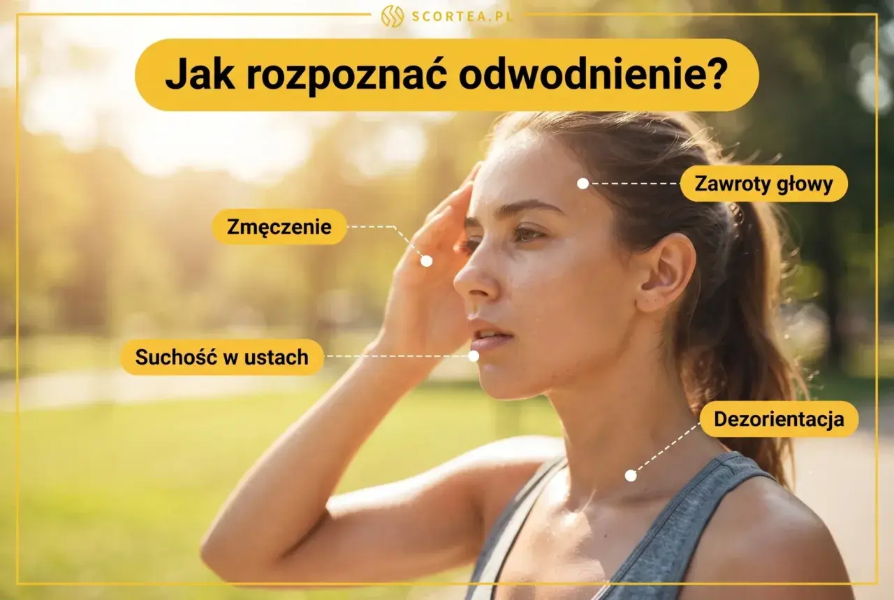 Kobieta z objawami odwodnienia: zmęczenie, suchość w ustach, zawroty głowy, dezorientacja.