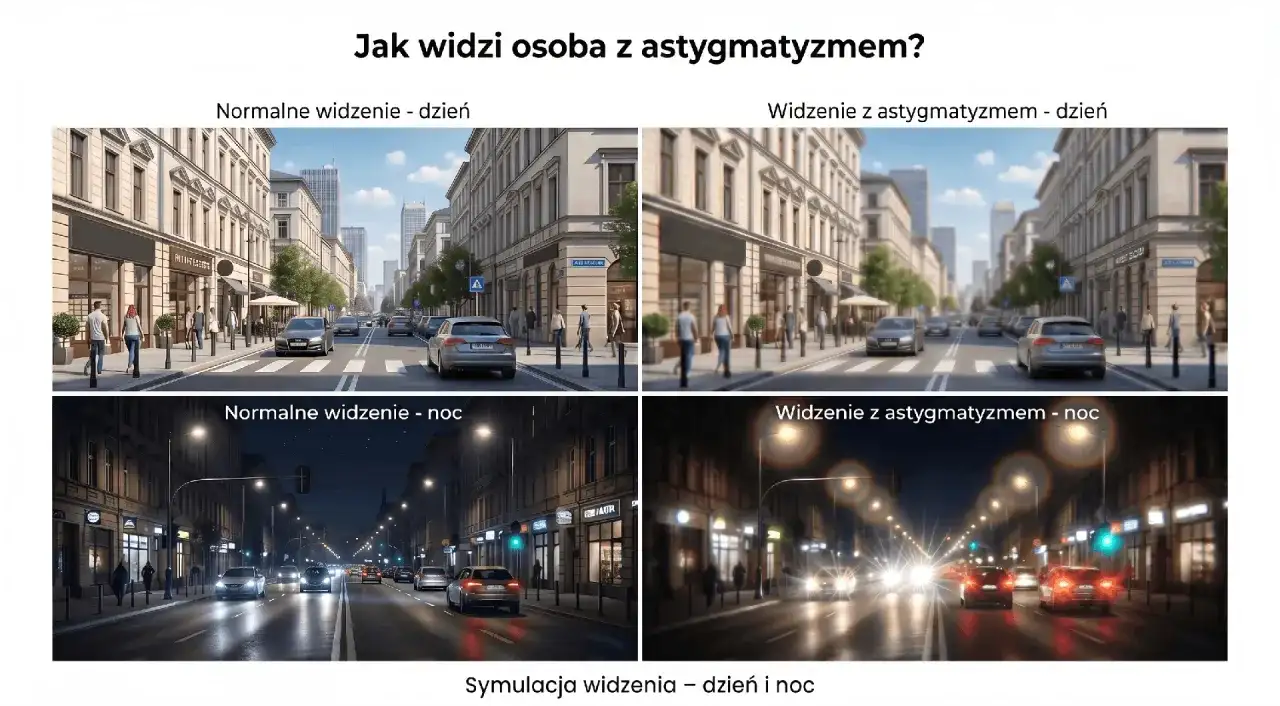 Symulacja widzenia dziennego i nocnego z astygmatyzmem. Objawy to rozmyte światła i niewyraźne kształty, szczególnie w nocy.