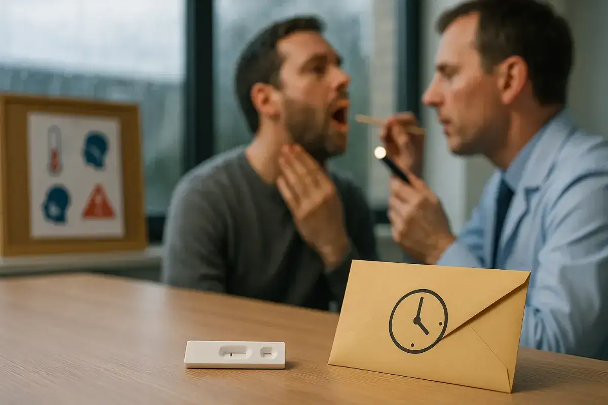 Lekarz bada gardło pacjenta. Na stole leży test, a obok koperta z zegarem. Może to być test na zakażenie, jak zinnat.