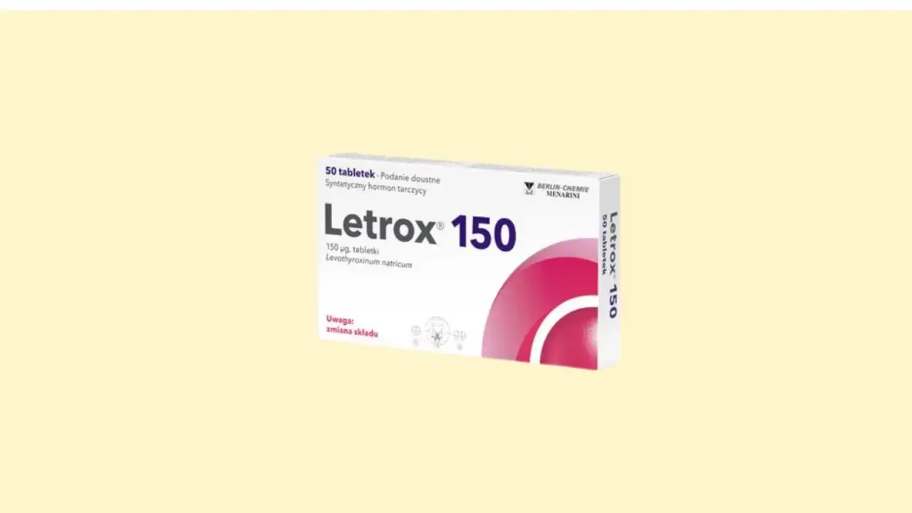 Opakowanie leku Letrox 150, zawierające 50 tabletek z lewotyroksyną sodową. Stosowany w terapii hormonalnej tarczycy.