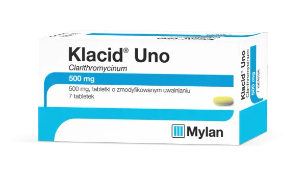 Opakowanie leku Klacid Uno 500 mg, zawierające 7 tabletek o zmodyfikowanym uwalnianiu.
