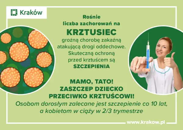 Rośnie liczba zachorowań na krztusiec. Skuteczną ochroną są szczepienia. Zaszczep dziecko przeciwko krztuścowi! Kraków.
