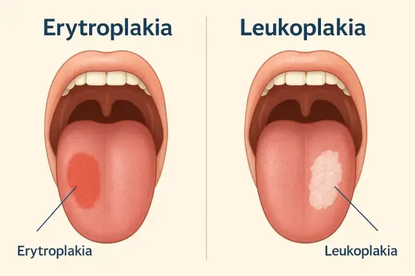 Dwa obrazy jamy ustnej: po lewej czerwona plama na języku (erytroplakia), po prawej biała plama (leukoplakia). Oba mogą być objawem raka języka.